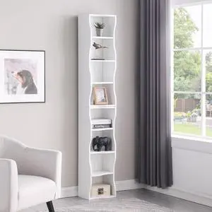 8 Tier Tall Bookshelf with Wavy Border, Narrow Bookcase with Adjustable Shelves, Modular Wood Storage Shelves Cube CD Display Tower for Home Office, Living Room, Bedroom, White 8 Tier Tall Bookshelf with Wavy Border, Narrow Bookcase with Adjustable Shelves, Modular Wood Storage Shelves Cube CD Display Tower for Home Office, Living Room, Bedroom, White
