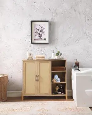 Mid-Century Bathroom Storage Cabinet with Rattan Doors, Farmhouse Coffee Bar with Open Shelves & Adjustable Shelves, Kitchen Storage Cabinets for Living Room & Dining Room Mid-Century Bathroom Storage Cabinet with Rattan Doors, Farmhouse Coffee Bar with Open Shelves & Adjustable Shelves, Kitchen Storage Cabinets for Living Room & Dining Room