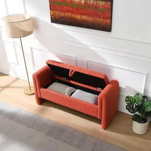 Modern End of Bed Storage Bench, Teddy Upholstered Ottoman with Arms and Hidden Storage, 52.25" Large Footstool, Comfy Vanity Bench for Living Room,Bedroom, Dorm, Orange Modern End of Bed Storage Bench, Teddy Upholstered Ottoman with Arms and Hidden Storage, 52.25" Large Footstool, Comfy Vanity Bench for Living Room,Bedroom, Dorm, Orange