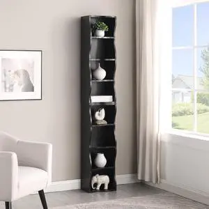 8 Tier Tall Bookshelf with Wavy Border, Narrow Bookcase with Adjustable Shelves, Modular Wood Storage Shelves Cube CD Display Tower for Home Office, Living Room, Bedroom, Black 8 Tier Tall Bookshelf with Wavy Border, Narrow Bookcase with Adjustable Shelves, Modular Wood Storage Shelves Cube CD Display Tower for Home Office, Living Room, Bedroom, Black