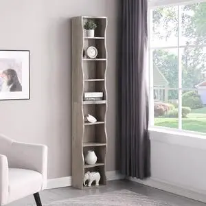 8 Tier Tall Bookshelf with Wavy Border, Narrow Bookcase with Adjustable Shelves, Modular Wood Storage Shelves Cube CD Display Tower for Home Office, Living Room, Bedroom, Gray 8 Tier Tall Bookshelf with Wavy Border, Narrow Bookcase with Adjustable Shelves, Modular Wood Storage Shelves Cube CD Display Tower for Home Office, Living Room, Bedroom, Gray