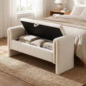 Modern End of Bed Storage Bench, Teddy Upholstered Ottoman with Arms and Hidden Storage, 52.25" Large Footstool, Comfy Vanity Bench for Living Room,Bedroom, Dorm, Cream Modern End of Bed Storage Bench, Teddy Upholstered Ottoman with Arms and Hidden Storage, 52.25" Large Footstool, Comfy Vanity Bench for Living Room,Bedroom, Dorm, Cream