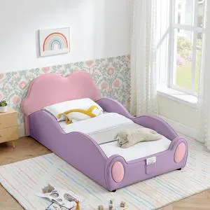 Twin Size Floor Bed with Cute Cloud Shape, PU Leather Upholstered Platform Bed with Guardrails, Single Bedframe with Cartoon Design Safety Rail and Storage Pocket, Purple&Pink Twin Size Floor Bed with Cute Cloud Shape, PU Leather Upholstered Platform Bed with Guardrails, Single Bedframe with Cartoon Design Safety Rail and Storage Pocket, Purple&Pink
