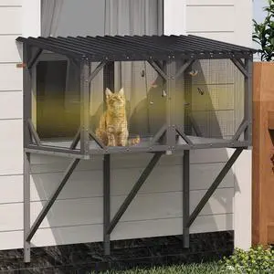 Catio Outdoor Cat Enclosure Window, 44.5" Wooden Outdoor Cat Window Perch for Indoor Cats, Large Weatherpoof Pet House Cage Condo for Outside Sunbathing, Napping & OverlookingAntique Gray Catio Outdoor Cat Enclosure Window, 44.5" Wooden Outdoor Cat Window Perch for Indoor Cats, Large Weatherpoof Pet House Cage Condo for Outside Sunbathing, Napping & OverlookingAntique Gray