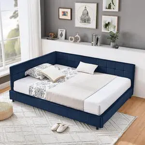 Full Size Upholstered Daybed with High Headboard, Soft Velvet Upholstered Day Bed Frame with Comfortable Left Armrests, L Shaped Tufted Corner Sofa Bed for Bedroom, Living Room, Dark Blue Full Size Upholstered Daybed with High Headboard, Soft Velvet Upholstered Day Bed Frame with Comfortable Left Armrests, L Shaped Tufted Corner Sofa Bed for Bedroom, Living Room, Dark Blue