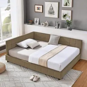 Full Size Upholstered Daybed with High Headboard, Soft Velvet Upholstered Day Bed Frame with Comfortable Left Armrests, L Shaped Tufted Corner Sofa Bed for Bedroom, Living Room, Brown Full Size Upholstered Daybed with High Headboard, Soft Velvet Upholstered Day Bed Frame with Comfortable Left Armrests, L Shaped Tufted Corner Sofa Bed for Bedroom, Living Room, Brown