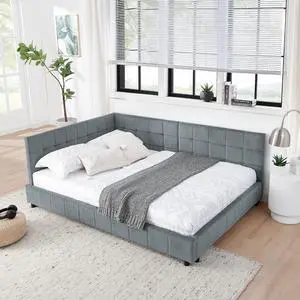 Full Size Upholstered Daybed with High Headboard, Soft Velvet Upholstered Day Bed Frame with Comfortable Left Armrests, L Shaped Tufted Corner Sofa Bed for Bedroom, Living Room, Grey Full Size Upholstered Daybed with High Headboard, Soft Velvet Upholstered Day Bed Frame with Comfortable Left Armrests, L Shaped Tufted Corner Sofa Bed for Bedroom, Living Room, Grey