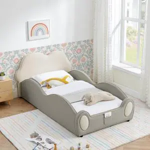 Twin Size Floor Bed with Cute Cloud Shape, PU Leather Upholstered Platform Bed with Guardrails, Single Bedframe with Cartoon Design Safety Rail and Storage Pocket, Purple&Pink Twin Size Floor Bed with Cute Cloud Shape, PU Leather Upholstered Platform Bed with Guardrails, Single Bedframe with Cartoon Design Safety Rail and Storage Pocket, Purple&Pink