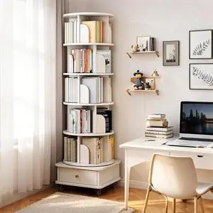 6 Tier Wood Bookshelf, 360° Rotating Display Shelf, Round Spinning Bookcase with Drawer and Wheels,Space-Saving Book Shelves Tower for Bedroom, Living Room, Small Space, Office, Oak 6 Tier Wood Bookshelf, 360° Rotating Display Shelf, Round Spinning Bookcase with Drawer and Wheels,Space-Saving Book Shelves Tower for Bedroom, Living Room, Small Space, Office, Oak