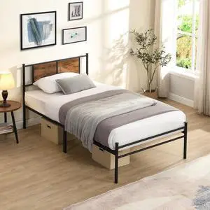 Metal Platform Bedframe, Twin Size Bed Frame with Wood Panel Headboard, Single Bed with Solid Metal Slats Support, Noise-Free,Strong Bearing Capacity, Black Metal Platform Bedframe, Twin Size Bed Frame with Wood Panel Headboard, Single Bed with Solid Metal Slats Support, Noise-Free,Strong Bearing Capacity, Black