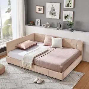 Full Size Upholstered Daybed with High Headboard, Soft Velvet Upholstered Day Bed Frame with Comfortable Left Armrests, L Shaped Tufted Corner Sofa Bed for Bedroom, Living Room, Pink Full Size Upholstered Daybed with High Headboard, Soft Velvet Upholstered Day Bed Frame with Comfortable Left Armrests, L Shaped Tufted Corner Sofa Bed for Bedroom, Living Room, Pink