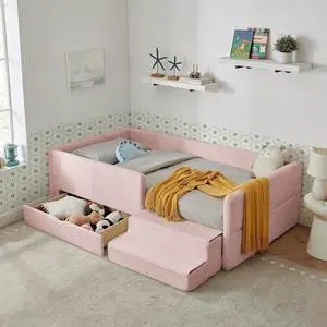 Twin Size Daybed with Storage Drawer, Cozy Floor Bed with Guardrails, Boucle Upholstered Single Bed with Step Stool, Multi-Functional Corner Boys Girls Bed, Easy Assemble, Pink Twin Size Daybed with Storage Drawer, Cozy Floor Bed with Guardrails, Boucle Upholstered Single Bed with Step Stool, Multi-Functional Corner Boys Girls Bed, Easy Assemble, Pink