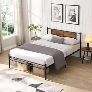 Metal Platform Bedframe, King Size Bed Frame with Wood Panel Headboard, King Bed with Solid Metal Slats Support, Noise-Free,Strong Bearing Capacity, Black Metal Platform Bedframe, King Size Bed Frame with Wood Panel Headboard, King Bed with Solid Metal Slats Support, Noise-Free,Strong Bearing Capacity, Black