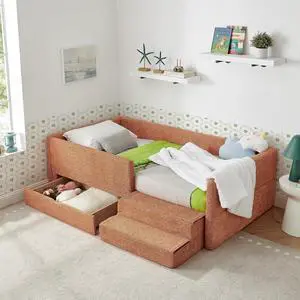Twin Size Daybed with Storage Drawer, Cozy Floor Bed with Guardrails, Boucle Upholstered Single Bed with Step Stool, Multi-Functional Corner Boys Girls Bed, Easy Assemble, Orange Twin Size Daybed with Storage Drawer, Cozy Floor Bed with Guardrails, Boucle Upholstered Single Bed with Step Stool, Multi-Functional Corner Boys Girls Bed, Easy Assemble, Orange
