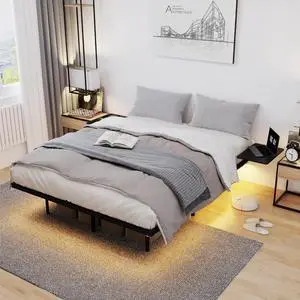 Queen Size Platform Bed with Side Tables, Heavy Duty Metal Floating Bed Frame with LED Ligh, Large Underneath Storage Space, Double Bed with Strong Bearing Capacity, Noise Free, Black Queen Size Platform Bed with Side Tables, Heavy Duty Metal Floating Bed Frame with LED Ligh, Large Underneath Storage Space, Double Bed with Strong Bearing Capacity, Noise Free, Black