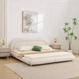Velvet Upholstered King Size Bed Frame, Oversized Low Profile Platform Bed with Rounded Headboard, Luxury Double Bedframe with Solid Wooden Legs, No Box Spring Needed, Beige Velvet Upholstered King Size Bed Frame, Oversized Low Profile Platform Bed with Rounded Headboard, Luxury Double Bedframe with Solid Wooden Legs, No Box Spring Needed, Beige