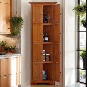 72" Tall Corner Storage Cabinet with Doors and Shelves, Farmhouse Coffee Bar Wood Kitchen Pantry with 8 Doors, Freestanding Large Utility Cabinet for Living Room, Kitchen, Oak 72" Tall Corner Storage Cabinet with Doors and Shelves, Farmhouse Coffee Bar Wood Kitchen Pantry with 8 Doors, Freestanding Large Utility Cabinet for Living Room, Kitchen, Oak
