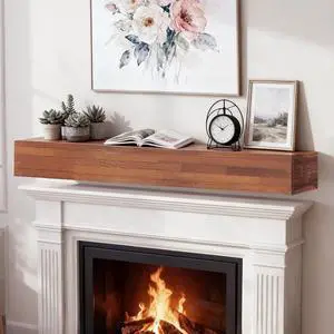 60" Floating Fireplace Mantel Shelf, Wall-Mounted Solid Wood Fireplace Shelf, Farmhouse Rustic Hanging Wooden Cover Over Existing Mantel for Home Living Room Decor, Light Brown 60" Floating Fireplace Mantel Shelf, Wall-Mounted Solid Wood Fireplace Shelf, Farmhouse Rustic Hanging Wooden Cover Over Existing Mantel for Home Living Room Decor, Light Brown