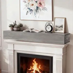 72" Floating Fireplace Mantel Shelf, Wall-Mounted Solid Wood Fireplace Shelf, Farmhouse Rustic Hanging Wooden Cover Over Existing Mantel for Home Living Room Decor, Gray 72" Floating Fireplace Mantel Shelf, Wall-Mounted Solid Wood Fireplace Shelf, Farmhouse Rustic Hanging Wooden Cover Over Existing Mantel for Home Living Room Decor, Gray