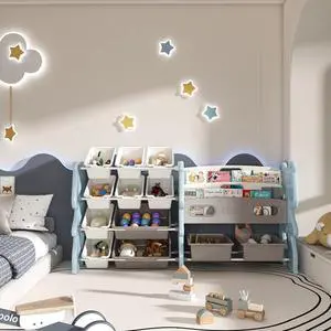 4 Tier Toy Storage Organizer, 12 Toy Bins with 2 Tier Bookshelf, Toy Box with Sling Book Display Shelf for Playroom, Bedroom, Kids Room, Classroom,Blue 4 Tier Toy Storage Organizer, 12 Toy Bins with 2 Tier Bookshelf, Toy Box with Sling Book Display Shelf for Playroom, Bedroom, Kids Room, Classroom,Blue