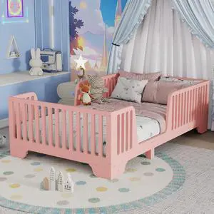 Twin Size Floor Bed Frame with High Fence, Princess Montessori Wooden Bedframe with Doors, Boys Girls Single Bed with Safety Rail, No Box Spring Needed, Easy Assemble, Pink Twin Size Floor Bed Frame with High Fence, Princess Montessori Wooden Bedframe with Doors, Boys Girls Single Bed with Safety Rail, No Box Spring Needed, Easy Assemble, Pink