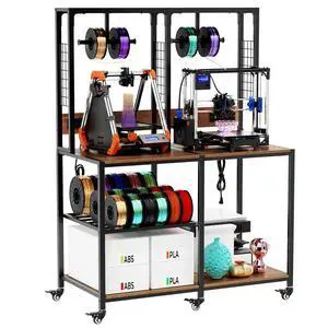 Double 3D Printer Stand with Lockabe Wheels, Heavy-Duty Printer Table with Filament Storage, Metal Frame and MDF Desktop, T-Shaped Filament Rack, Accessories for Printing Studio, Home Office Workshop Double 3D Printer Stand with Lockabe Wheels, Heavy-Duty Printer Table with Filament Storage, Metal Frame and MDF Desktop, T-Shaped Filament Rack, Accessories for Printing Studio, Home Office Workshop