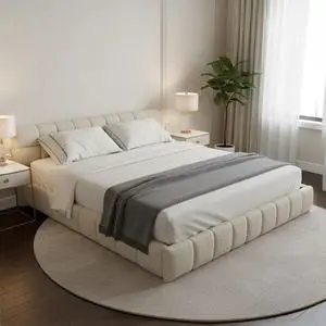 California King Floor Bed Frame, Chenille Upholstered Platform Bed with Thick Headboard, Tufted Grounded King Bed with Solid Wooden Slats, No Box Spring Needed, Beige California King Floor Bed Frame, Chenille Upholstered Platform Bed with Thick Headboard, Tufted Grounded King Bed with Solid Wooden Slats, No Box Spring Needed, Beige