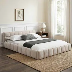 Queen Size Chenille Upholsted Bed Frame with Tufted Heaboard, Soft Cloud Platform Bed with Low Profile, Queen Floor Bed with Solid Wooden Slats, No Box Spring Needed, Beige Queen Size Chenille Upholsted Bed Frame with Tufted Heaboard, Soft Cloud Platform Bed with Low Profile, Queen Floor Bed with Solid Wooden Slats, No Box Spring Needed, Beige