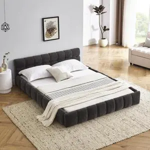 Queen Size Chenille Upholsted Bed Frame with Tufted Heaboard, Soft Cloud Platform Bed with Low Profile, Queen Floor Bed with Solid Wooden Slats, No Box Spring Needed, Dark Gray Queen Size Chenille Upholsted Bed Frame with Tufted Heaboard, Soft Cloud Platform Bed with Low Profile, Queen Floor Bed with Solid Wooden Slats, No Box Spring Needed, Dark Gray