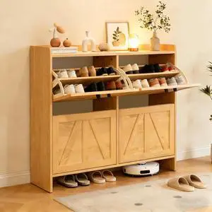 Modern Shoe Storage Cabinet with Flip-Down Drawers, Narrow Shoe Rack with Shutter Doors, Metal Handled and Bottom Storage Area, Shoe Organizer for Entryways Hallway, Foyer, Living Room, Light Oak Modern Shoe Storage Cabinet with Flip-Down Drawers, Narrow Shoe Rack with Shutter Doors, Metal Handled and Bottom Storage Area, Shoe Organizer for Entryways Hallway, Foyer, Living Room, Light Oak