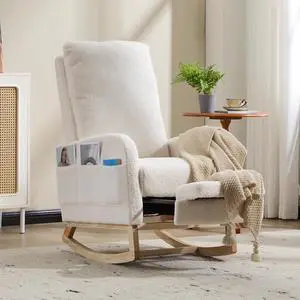 Rocking Chair with Footrest, Teddy Upholstered Nursery Glider with Adjustable High Backrest and Solid Wood Legs, Accent Living Room Armchair with Side Pockets, Comfy Reading Lounger, White Rocking Chair with Footrest, Teddy Upholstered Nursery Glider with Adjustable High Backrest and Solid Wood Legs, Accent Living Room Armchair with Side Pockets, Comfy Reading Lounger, White