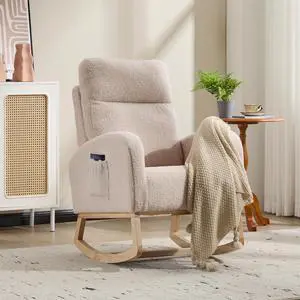 Rocking Chair with Adjustable High Backrest, Teddy Upholstered Nursery Glider with Solid Wood Legs, Accent Living Room Armchair with Side Pocket, Comfy Reading Lounger, Beige Rocking Chair with Adjustable High Backrest, Teddy Upholstered Nursery Glider with Solid Wood Legs, Accent Living Room Armchair with Side Pocket, Comfy Reading Lounger, Beige