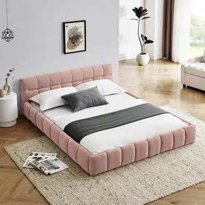 Queen Size Chenille Upholsted Bed Frame with Tufted Heaboard, Soft Cloud Platform Bed with Low Profile, Queen Floor Bed with Solid Wooden Slats, No Box Spring Needed, Pink Queen Size Chenille Upholsted Bed Frame with Tufted Heaboard, Soft Cloud Platform Bed with Low Profile, Queen Floor Bed with Solid Wooden Slats, No Box Spring Needed, Pink