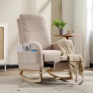 Rocking Chair with Footrest, Teddy Upholstered Nursery Glider with Adjustable High Backrest and Solid Wood Legs, Accent Living Room Armchair with Side Pockets, Comfy Reading Lounger, Beige Rocking Chair with Footrest, Teddy Upholstered Nursery Glider with Adjustable High Backrest and Solid Wood Legs, Accent Living Room Armchair with Side Pockets, Comfy Reading Lounger, Beige