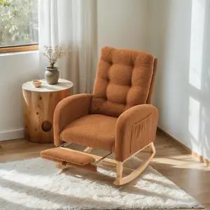 Plush High-Back Rocker Recliner, Teddy Fabric Accent Rocking Chair with Footrest, Glider Nursery Chair with Rubber Wood Legs, Lounger for Nursery, Bedroom, Living Room, Caramel Plush High-Back Rocker Recliner, Teddy Fabric Accent Rocking Chair with Footrest, Glider Nursery Chair with Rubber Wood Legs, Lounger for Nursery, Bedroom, Living Room, Caramel