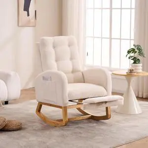 Plush High-Back Rocker Recliner, Teddy Fabric Accent Rocking Chair with Footrest, Glider Nursery Chair with Rubber Wood Legs, Lounger for Nursery, Bedroom, Living Room, Cream White Plush High-Back Rocker Recliner, Teddy Fabric Accent Rocking Chair with Footrest, Glider Nursery Chair with Rubber Wood Legs, Lounger for Nursery, Bedroom, Living Room, Cream White
