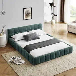 Queen Size Chenille Upholsted Bed Frame with Tufted Heaboard, Soft Cloud Platform Bed with Low Profile, Queen Floor Bed with Solid Wooden Slats, No Box Spring Needed, Blue-Green Queen Size Chenille Upholsted Bed Frame with Tufted Heaboard, Soft Cloud Platform Bed with Low Profile, Queen Floor Bed with Solid Wooden Slats, No Box Spring Needed, Blue-Green
