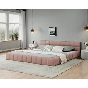 California King Floor Bed Frame, Chenille Upholstered Platform Bed with Thick Headboard, Tufted Grounded King Bed with Solid Wooden Slats, No Box Spring Needed, Pink California King Floor Bed Frame, Chenille Upholstered Platform Bed with Thick Headboard, Tufted Grounded King Bed with Solid Wooden Slats, No Box Spring Needed, Pink