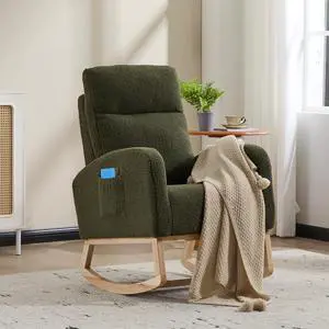 Rocking Chair with Adjustable High Backrest, Teddy Upholstered Nursery Glider with Solid Wood Legs, Accent Living Room Armchair with Side Pocket, Comfy Reading Lounger, Green Rocking Chair with Adjustable High Backrest, Teddy Upholstered Nursery Glider with Solid Wood Legs, Accent Living Room Armchair with Side Pocket, Comfy Reading Lounger, Green