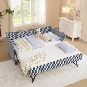 Gingham Twin Daybed with Trundle, Twin to King Bed with USB Port and Adorable Wave Shaped, Linen Upholstered Daybed Frame, Corner Sofa Bed, No Box Spring Needed, Navy Gingham Twin Daybed with Trundle, Twin to King Bed with USB Port and Adorable Wave Shaped, Linen Upholstered Daybed Frame, Corner Sofa Bed, No Box Spring Needed, Navy