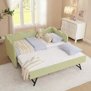 Gingham Twin Daybed with Trundle, Twin to King Bed with USB Port and Adorable Wave Shaped, Linen Upholstered Daybed Frame, Corner Sofa Bed, No Box Spring Needed, Green Gingham Twin Daybed with Trundle, Twin to King Bed with USB Port and Adorable Wave Shaped, Linen Upholstered Daybed Frame, Corner Sofa Bed, No Box Spring Needed, Green