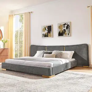 King Size Platform Bed with Wide Headboard, Soft Chenille Upholstered Bed Frame, Curved Headboard, Oversized Luxury Double Bedframe with Reinforced Electroplated Metal Legs, Dark Gray King Size Platform Bed with Wide Headboard, Soft Chenille Upholstered Bed Frame, Curved Headboard, Oversized Luxury Double Bedframe with Reinforced Electroplated Metal Legs, Dark Gray