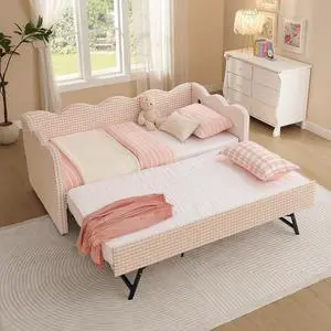 Gingham Twin Daybed with Trundle, Twin to King Bed with USB Port and Adorable Wave Shaped, Linen Upholstered Daybed Frame, Corner Sofa Bed, No Box Spring Needed, Pink Gingham Twin Daybed with Trundle, Twin to King Bed with USB Port and Adorable Wave Shaped, Linen Upholstered Daybed Frame, Corner Sofa Bed, No Box Spring Needed, Pink