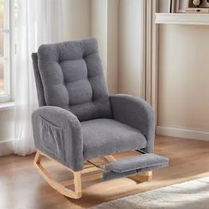Plush High-Back Rocker Recliner, Teddy Fabric Accent Rocking Chair with Footrest, Glider Nursery Chair with Rubber Wood Legs, Lounger for Nursery, Bedroom, Living Room, Dark Gray Plush High-Back Rocker Recliner, Teddy Fabric Accent Rocking Chair with Footrest, Glider Nursery Chair with Rubber Wood Legs, Lounger for Nursery, Bedroom, Living Room, Dark Gray