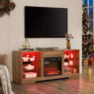 58" Fireplace TV Stand with 18" Electric Fireplace, LED Entertainment Center TV Cabinet with Glass Shelves, Modern Television Table Center for TV up to 62" with USB Charging Outlet, Oak 58" Fireplace TV Stand with 18" Electric Fireplace, LED Entertainment Center TV Cabinet with Glass Shelves, Modern Television Table Center for TV up to 62" with USB Charging Outlet, Oak