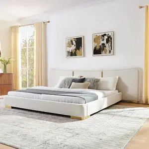 King Size Platform Bed with Wide Headboard, Soft Chenille Upholstered Bed Frame, Curved Headboard, Oversized Luxury Double Bedframe with Reinforced Electroplated Metal Legs, Beige King Size Platform Bed with Wide Headboard, Soft Chenille Upholstered Bed Frame, Curved Headboard, Oversized Luxury Double Bedframe with Reinforced Electroplated Metal Legs, Beige