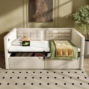 Twin Size Lift up Storage Daybed, Velvet Upholstered Hydraulic Bed Frame with USB & Type-C Charging, Corner Day Bed with Armrest and Tufted Sofa Back, Solid Wooden Slats, Beige Twin Size Lift up Storage Daybed, Velvet Upholstered Hydraulic Bed Frame with USB & Type-C Charging, Corner Day Bed with Armrest and Tufted Sofa Back, Solid Wooden Slats, Beige