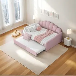 Full Size Upholstery Daybed with Trundle,Tufted Sofa Bed with Shall Shaped Backrest,Platform Daybed Frame with Headboard and Footboard,Corner Bed Frame for Adults Teens Dorm Guest Room,Pink Full Size Upholstery Daybed with Trundle,Tufted Sofa Bed with Shall Shaped Backrest,Platform Daybed Frame with Headboard and Footboard,Corner Bed Frame for Adults Teens Dorm Guest Room,Pink