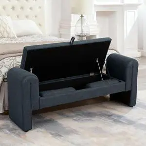 60" End of Bed Bench with Storage, Velvet Upholstered Large Storage Ottoman with Rolled Pillows and Armrest, Soft Window Bench, Footstool for Living Room, Entryway, Dormitory, Bedroom, Dark Blue 60" End of Bed Bench with Storage, Velvet Upholstered Large Storage Ottoman with Rolled Pillows and Armrest, Soft Window Bench, Footstool for Living Room, Entryway, Dormitory, Bedroom, Dark Blue