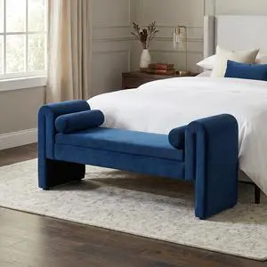 60" End of Bed Bench with Storage, Velvet Upholstered Large Storage Ottoman with Rolled Pillows and Armrest, Soft Window Bench, Footstool for Living Room, Entryway, Dormitory, Bedroom, Navy 60" End of Bed Bench with Storage, Velvet Upholstered Large Storage Ottoman with Rolled Pillows and Armrest, Soft Window Bench, Footstool for Living Room, Entryway, Dormitory, Bedroom, Navy
